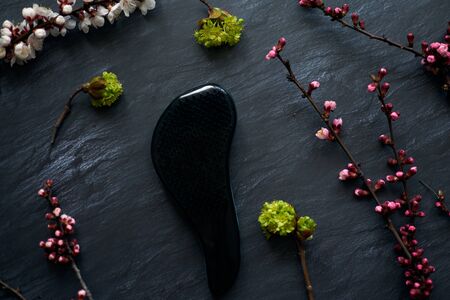 Hairbrush isolated on pink coloured background with sprig first flower blossom. Sping minimal concept. Womens Day, Mothers Day, Valentine's Day, Easter, birthday. Nature background, isolated, flat lay, copy space.の写真素材