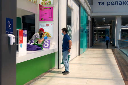 Kyiv, Ukraine - June 10, 2020. Food court restaurant Salateira at shopping mall during quarantine...