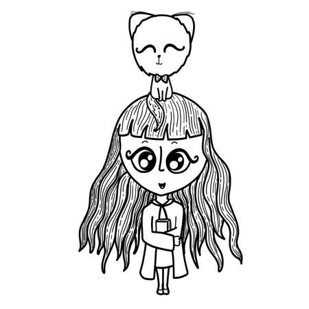 A girl with long hair in school clothes with a cat on her head. Black and white coloring book. Illustration for coloring.の写真素材