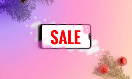 Lettering Sale on a white phone background with Christmas decorations in the corners and artistic processing with a multi-colored gradient.の写真素材