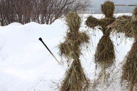A few straw effigies and a stick from a torch, prepared for burning on Shrovetide against a background of white snow. Selective focus.の写真素材