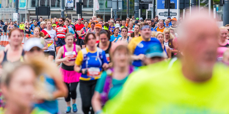 Wide angle of runners filling the frame on the streets of Liverpool city centre during the 2017 Liverpool Rock n Roll half marathon.のeditorial素材