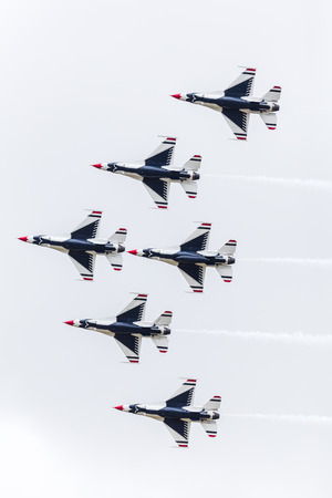 The Thunderbirds display team the seen at the 2017 Royal International Air Tattoo at Royal Air Force Fairford in Gloucestershire - the largest military airshow in the world.のeditorial素材