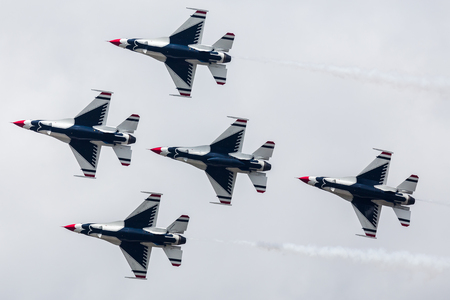 The Thunderbirds display team the seen at the 2017 Royal International Air Tattoo at Royal Air Force Fairford in Gloucestershire - the largest military airshow in the world.のeditorial素材