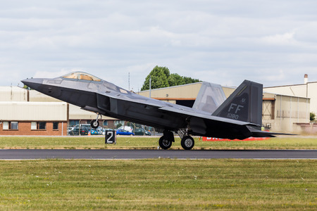 The USAF F-22 Raptor the seen at the 2017 Royal International Air Tattoo at Royal Air Force Fairford in Gloucestershire - the largest military airshow in the world.のeditorial素材