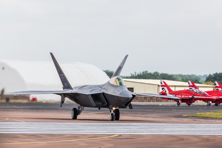 The USAF F-22 Raptor the seen at the 2017 Royal International Air Tattoo at Royal Air Force Fairford in Gloucestershire - the largest military airshow in the world.のeditorial素材