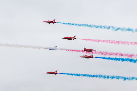 The Royal Air Force aerobatic display team (The Red Arrows) at at the 2017 Royal International Air Tattoo at Royal Air Force Fairford in Gloucestershire.のeditorial素材