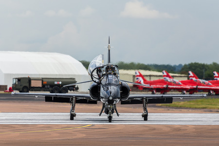 Hawk T.2 from the Royal Air Force taxis across the runway before the 2017 Royal International Air Tattoo at Royal Air Force Fairford in Gloucestershire - the largest military airshow in the world.のeditorial素材