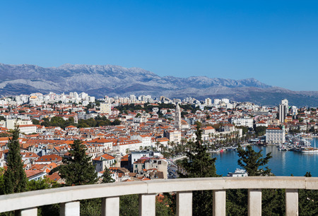 Views from Marajan Hill late one autumn afternoon looking down on Splits famous waterfront lined with palm trees and cafes.のeditorial素材