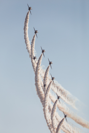 Red Arrows flying the pheonix bend at the 2018 Southport airshow.の写真素材