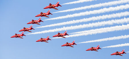 Royal Air Force Aerobatic Team the Red Arrows pictured at the 2018 Royal International Air Tattoo at RAF Fairford in Gloucestershire.のeditorial素材