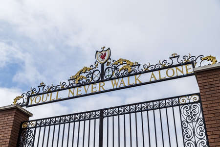 Looking up at the Shankly Gates outside the home of Liverpool Football Club in June 2020.