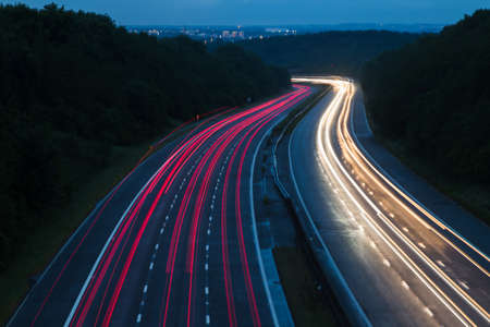 A long exposure of traffic trails over the M1 motorway near Wakefield in Yorkshire.の写真素材