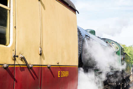 Steam train on the back of a carriage on the famous North Yorkshire Railway pictured in Pickering in September 2020.のeditorial素材
