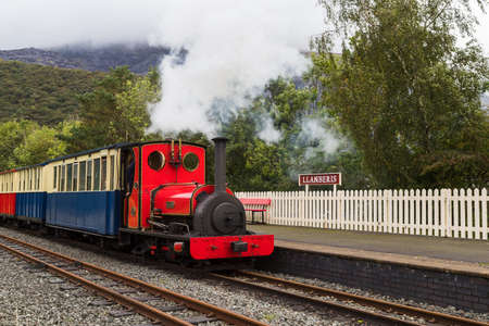 Red steam train on the Llanberis Lake Railway approaching a platform in October 2021 in North Wales.のeditorial素材