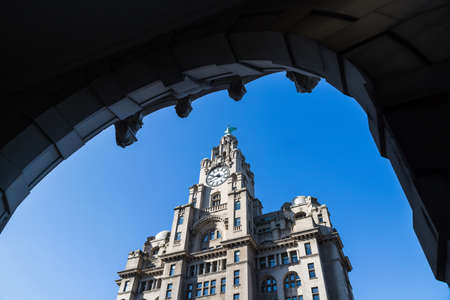 Royal Liver Building seen under a clear blue sky during September 2020 in Liverpool.のeditorial素材