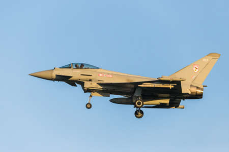 An RAF Typhoon seen returning to RAF Coningsby in Lincolnshire after a training sortie in June 2021.