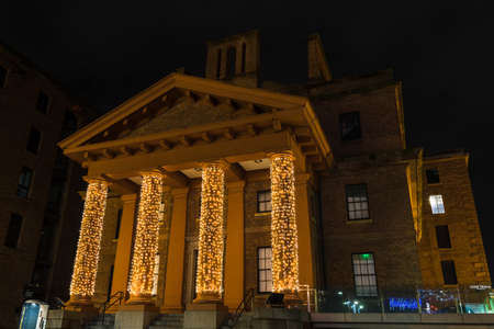 Festive lights on the Dock Trade Office which was once the home of the ITV studio in Liverpool seen just before Christmas in 2020.のeditorial素材