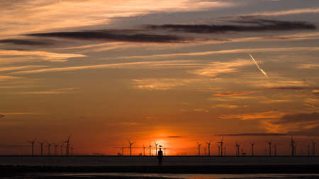 A sea gull seen standing on an Iron Man statue on Crosby Beach near Liverpool in September 2021 at sunset.  He is one of the 100 statues known as Another Place which line the beach.のeditorial素材