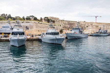 Inshore patrol vessels of the Armed Forces of Malta moored in port at Valletta in April 2022.のeditorial素材