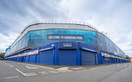 Looking up at the Goodison Park stadium, home of Everton Football Club in June 2022 at the junction of Gwladys Street and Bullens Road.のeditorial素材