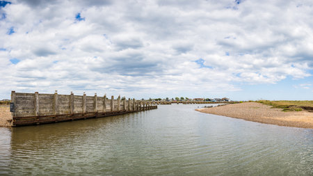 Multi image panorama of wooden sea defences at Walberswick on the Suffolk coast.の写真素材