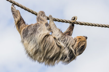 Two-toed sloth moving down a rope between a couple of trees in Cheshire seen in August 2022.の写真素材