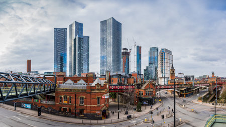A multi image panorama of Deansgate in Manchester taken in February 2023 backed by the Deansgate Square skyscraper complex.の写真素材