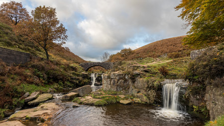 Two waterfalls captured in the pretty autumnal colours at Three Shires Head where the counties of Staffordshire, Cheshire and Derbyshire meet.の写真素材