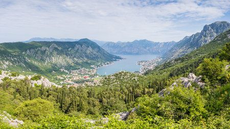 A multi image panorama of the Bay of Kotor taken from the Kotor Serpentine in Montenegro in May 2023.の写真素材