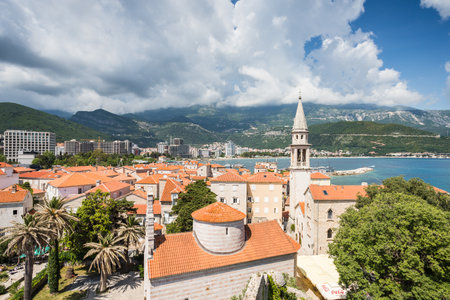 Santa Maria in Punta Church seen in the old town part of Budva in front of the Budva Riverira in May 2023.の写真素材