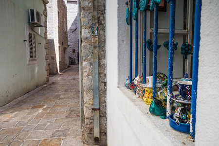 Pretty hand made souvenirs in a shop window seen in Budva old town in May 2023 whilst exploring Montenegro.の写真素材