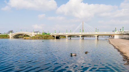 A multi image panorama of Southport Marina seen on a sunny day in March 2022.の写真素材