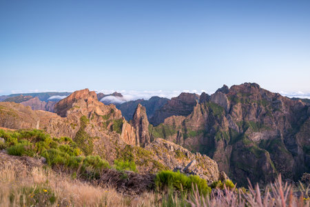 Pico Torres & Pico Ruivo seen at sunrise from the summit of Pico do Arieiro in Madeira.の写真素材