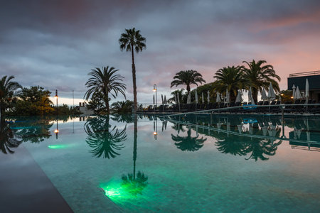 Beautiful reflections of palm trees and the colourful sunlight at dawn pictured on a hotel swimming pool in Funchal, Madeira seen on 11 August 2024.の写真素材