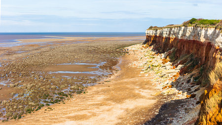 A multi image panorama of the rugged and colourful cliff face at Old Hunstanton seen from steps leading down to the beach at autumn.の写真素材