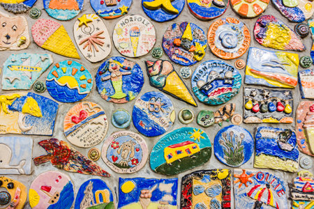 Close up of ceramic art in a mosaic style depicting the seaside town of Hunstanton, pictured in Hunstanton, Norfolk on 4 November 2025.の写真素材