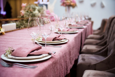 Beautiful table set with plates, empty wineglasses, pink napkins, and cutlery. Elegant stylish decor...