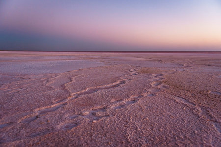 Beautiful view of pink salt in large turkish lake. Natural combination of colors during sunset....
