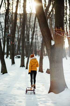 Rear view of young woman in yellow winter jacket with sleigh walking in the winter park or forest.の写真素材