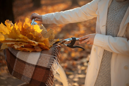 Cropped view of the stylish woman walking with bicycle and enjoying autumn weather in the park....