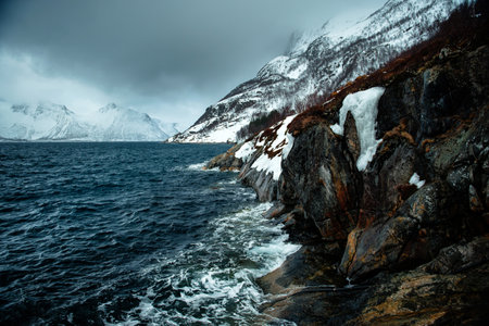 A dramatic coastal landscape featuring rocky shores, snow-capped mountains, and a turbulent sea under a cloudy sky. The scene captures the raw beauty of nature in a cold climate.の写真素材