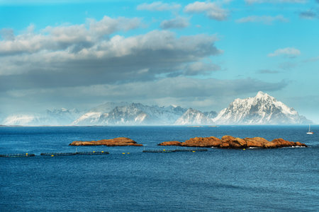 A serene coastal landscape featuring rocky islands in the foreground and majestic snow-capped mountains in the background. The sky is partly cloudy, reflecting a tranquil atmosphere over the blue waters.の写真素材