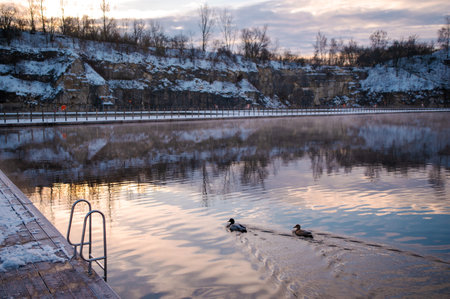 A serene winter scene with two ducks swimming in a calm lake surrounded by snow-covered cliffs and...