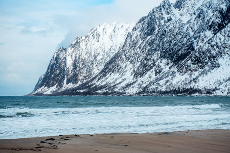 Snow-covered mountains by the sea with a sandy beach in the foreground.の写真素材