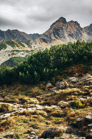 A scenic mountain landscape with rocky terrain and lush greenery under a cloudy sky.の写真素材