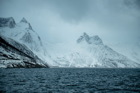 Snow-covered mountains and a dark sea under a cloudy sky. Lofoten islands, Norway