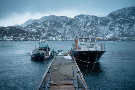 Two boats docked at a snowy pier with mountains in the background.の写真素材