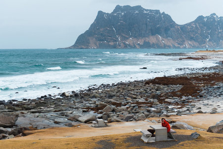 A person in a red jacket sits at a picnic table by a rocky beach with waves and a mountain in the...