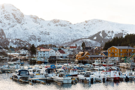Scenic view of a snowy mountain village with boats in a harbor. Lofoten islands, Norwayの写真素材